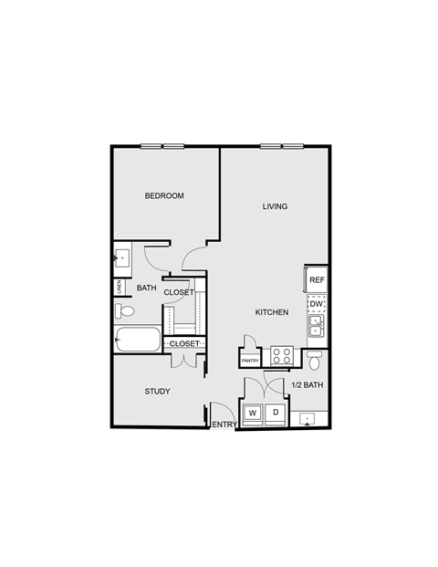 Floor plan for 1 bed, 1 bath, 920 sqft